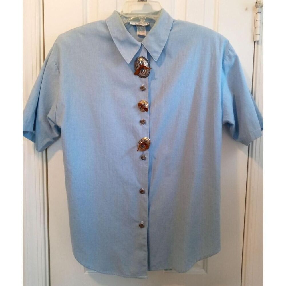 Impressions of California Blue Blouse w/ Western Silver Buttons Size Medium EUC